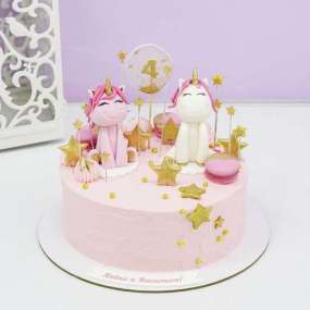 Торт с двумя единорогами розовый
